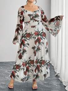 Modelyn Plus Size Elegant Floral Print Flare Sleeve Midi Dress - Multicolor - View 4