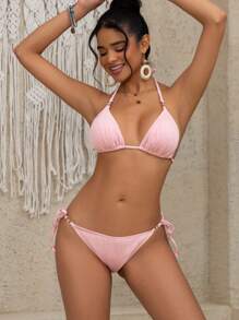 SHEIN Swim Bộ 2 bộ đồ bơi bikini hở lưng gợi cảm cho nữ, đồ bơi mùa xuân màu hồng, phong cách nghỉ dưỡng thời trang - Hồng - Xem 5