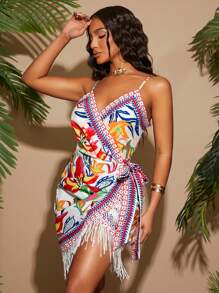 SHEIN SXY 海滩；春夏音乐摇滚节街头休闲西式服装波西米亚 BOHO VACAY 彩色复古印花编织挂脖无袖不对称重叠系带修身迷你细肩带流苏饰边连衣裙