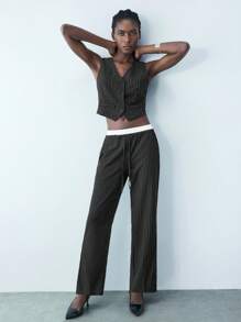 Maija Women Front Button Sleeveless Striped Minimalist Top And Trousers Pants Suit,Festival