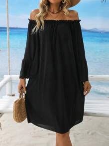 Swim Lushoire Lightweight Mesh Off Shoulder Cover-Up Dress For Beach, Hot Selling In Spring & Summer - Black - View 4