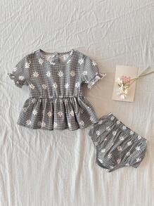 Vintaside Kids 2 件套女婴休闲可爱花卉图案格子上衣和裤子套装 - 彩色 - 查看 3