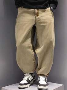 Denimly Khaki Baggy Jeans -Teen Teen Boy Denim Wear- Casual Daily Urban Street Elastic Waistband Baggy Jeans,Khaki Denim. - Khaki - View 1