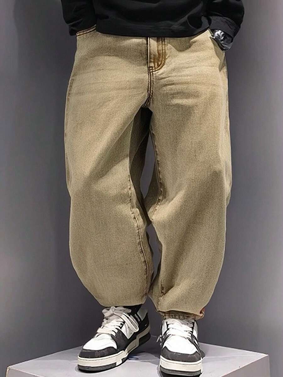 Denimly Khaki Baggy Jeans -Teen Teen Boy Denim Wear- Casual Daily Urban Street Elastic Waistband Baggy Jeans,Khaki Denim. - Khaki - View 1