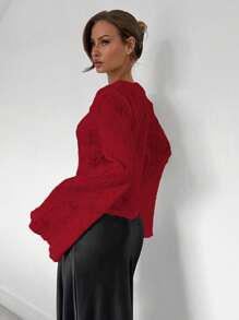 Almamuse 女士长袖简约休闲时尚浪漫性感蕾丝衬衫 - 紅色 - 查看 2