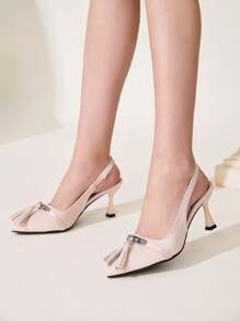 CUCCOO CHICEST Women's Pointed Toe Kitten Heel Mule Pumps With Metal Buckle Tassel Decor, Classic Apricot Color, Elegant And Charming Style For Work, Formal Occasions, Valentine's Day, And Romantic Dates Spring Break Easter Prom Heels