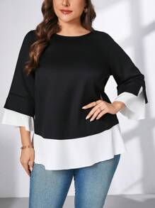SHEIN Essnce Plus Size Women's Spring And Summer Fashion Casual Loose And Comfortable Daily Black 2 In 1 Three-Quarter Sleeve Shirt, Elegant Slim Top, Spring Outfits, Teacher Clothes, Church Clothes Women, Women Blouse