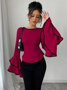 Elenzga Design Sense 圆领直肩长款喇叭袖双层彩边女式收腰衬衫