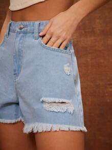 WESTFADE High Rise Destructed Loose Fit Denim Fray Hem Shorts - Light Wash - View 2
