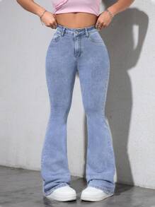SHEIN PETITE Quần Jeans Ống Loe Ôm Dáng Thường Ngày Cho Nữ - Rửa nhẹ - Xem 4