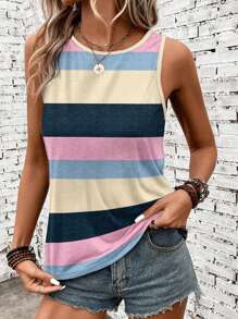 SHEIN LUNE Casual Stitching Striped Pattern Round Neck Women's Tank Top Suitable For Spring And Summer - Multicolor - View 5