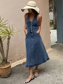 DAZY Backless Halter Neck Denim Dress With Flared Dress And Waistline For Women Summer - Medium Wash - View 7