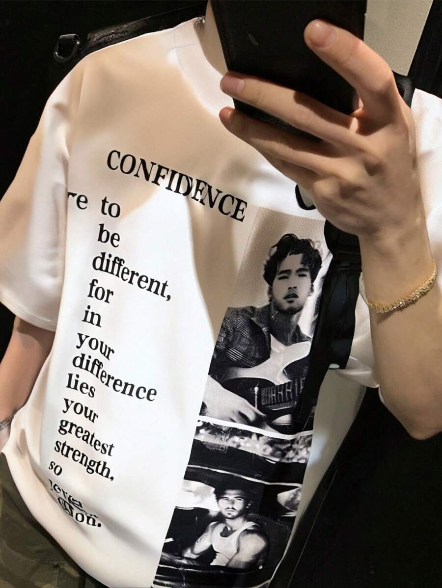 SHEIN 青少年男孩休闲运动舒适简约百搭可爱柔软 T 恤，带有肖像和字母设计，适合上学、旅行、运动、秋冬季 - 白色 - 查看 1