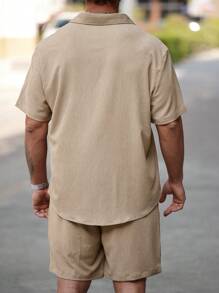 Manfinity Homme Men Plus Size Solid Front Button Short Sleeve Shirt And Shorts Set, Simple Design - Khaki - View 2