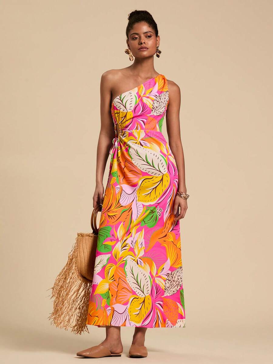 Travachic 1 pieza Vestido casual con estampado tropical con hombros descubiertos, simple y elegante para uso diario - Multicolor - Ver 1