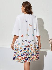 SHEIN Clasi Plus Size Round Neck Short Sleeve Butterfly Print Simple Casual Short Dress - White - View 2
