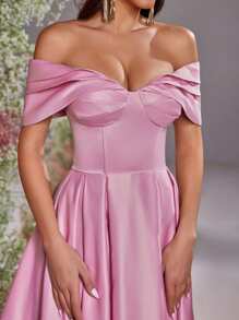 Glamrae Elegant Luxurious Off Shoulder Ruffle-Bust Boned A-Line High Slit Dress Wedding Guest Dress, Suitable For Weddings, Parties, Vacations, Balls, Formal Events, Party Dress, Evening Dress, Gown - Pink - View 3