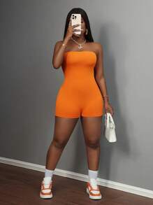 Slaydiva 休闲运动基本款抽绳褶皱橙色女式连体裤 - 橘色 - 查看 7