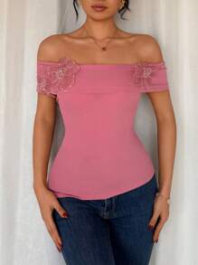 Chiquease 1 pieza Blusa elegante con diseño floral con hombros al descubierto - Rosa Fucsia - Ver 4