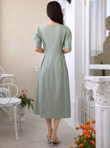 DAZY Đầm dài xếp ly tay phồng màu trơn dành cho nữ, kiểu dáng thanh lịch cho lễ Phục sinh. - màu xanh lá - Xem 2