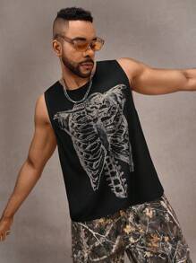 Manfinity VCAY 大码男士大码宽松街头风格图案印花背心 - 黑色 - 查看 6