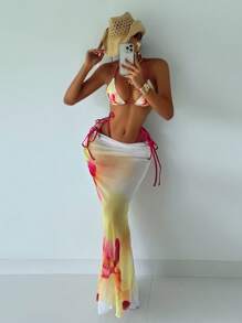 Bonvoyette 女士三件套比基尼泳装套装，蝴蝶结纹理面料，吊带，性感休闲，适合海滩度假春假 - 彩色 - 查看 1