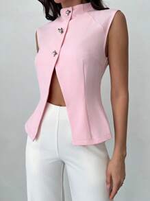 Firerie Elegancka damska marynarka do dojazdów do pracy w kolorze różowym z metalowymi guzikami, unikatowa, jednorzędowa, bezrękawnikowa, cienka marynarka z kołnierzykiem garniturowym, lekka marynarka, garnitur o dopasowanym kroju, wiosna/lato, na co dzień, na imprezę, na sezon balów maturalnych, na wesele, na kostiumy na jesień/zimę - Różowy - Zobacz 5