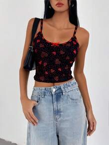 SHEIN SXY Camiseta negra sexy con estampado de corazones para el Día de San Valentín
