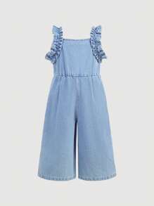 SHEIN Macacão Denim Azul Claro Simples e Casual do Dia a Dia para Menina, Vestimenta Casual de Primavera e Verão, Férias, Estilo Boho Country para Meninas, Looks de Praia e Country para Meninas - Lavagem clara - Visão 1