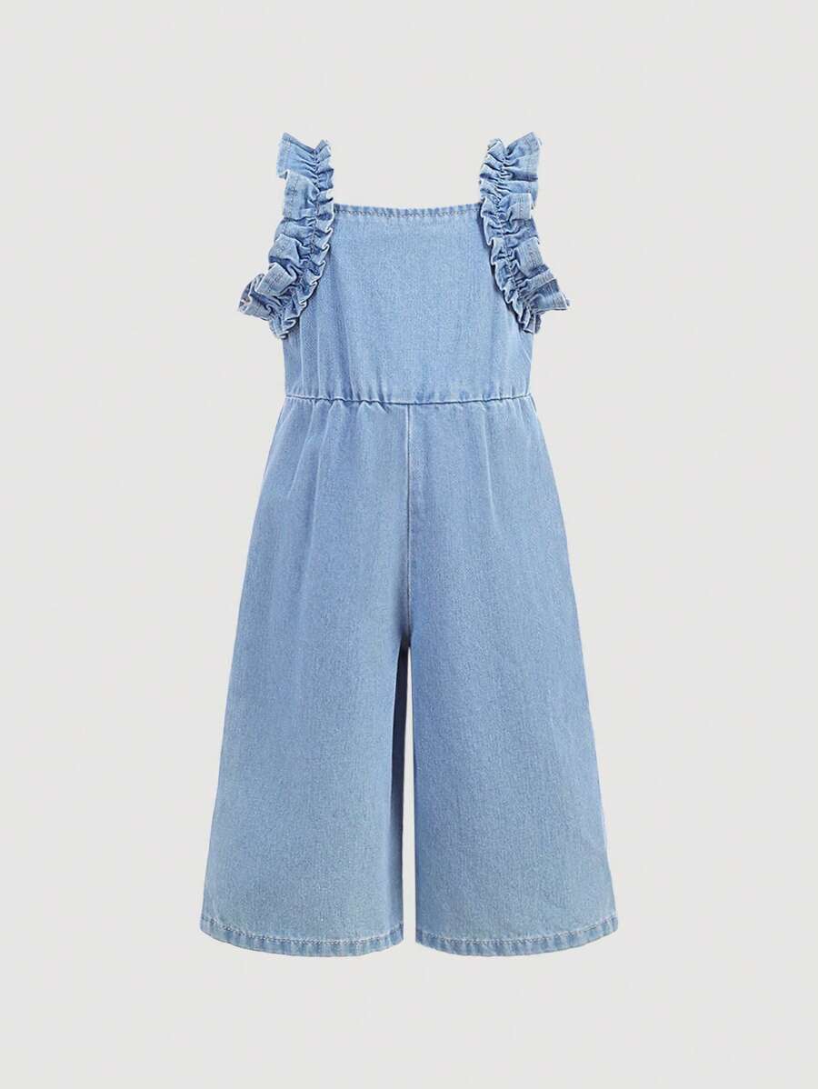 SHEIN Macacão Denim Azul Claro Simples e Casual do Dia a Dia para Menina, Vestimenta Casual de Primavera e Verão, Férias, Estilo Boho Country para Meninas, Looks de Praia e Country para Meninas - Lavagem clara - Visão 1
