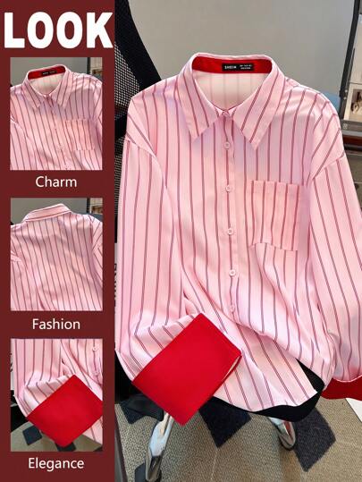 Calvaya 大码女式优雅条纹领口袋装饰直袖宽松休闲衬衫