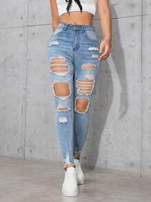 SHEIN Essnce Women's Front Button Pocket Distressed Minimalist Casual Denim Jeans - Light Wash - View 4