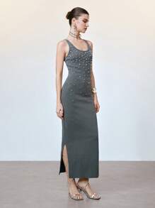 SHEIN Unity Women's Sand Washed Elegant Pearl Decor Cotton Slim Fit Bodycon Tank Maxi Dress,Charcoal Gray Summer Dinner Date Vacation Beach Wear Outfit - Grey - View 3