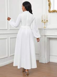 SHEIN Lady Women's Solid Color Stand Collar Lantern Sleeve Split Hem Casual Dress