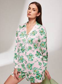 LUVLETTE Silky Satin Green Floral Print Button-Up Top & Shorts Loungewear Airy Women Pajama Set Pants With Pockets Lounge Sets For Women Lingerie