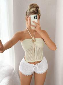 Sweetina Spring Summer Women Beach Going Out Cute White Lace Solid Color Low Waist Lace-Up Mini Shorts