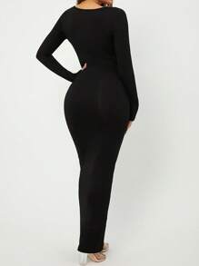 SHEIN PETITE CURVE Đầm ôm body cổ tròn Petite Plus trơn - màu đen - Xem 2