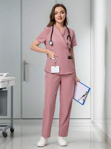 Scrubzie 2pcs/Set Anti-Wrinkle Cross Wrap Scrub Uniform Top & Pants Set - Pink - View 1