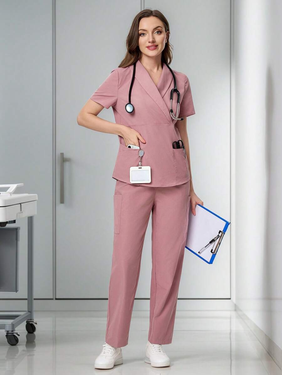 Scrubzie 2pcs/Set Anti-Wrinkle Cross Wrap Scrub Uniform Top & Pants Set - Pink - View 1