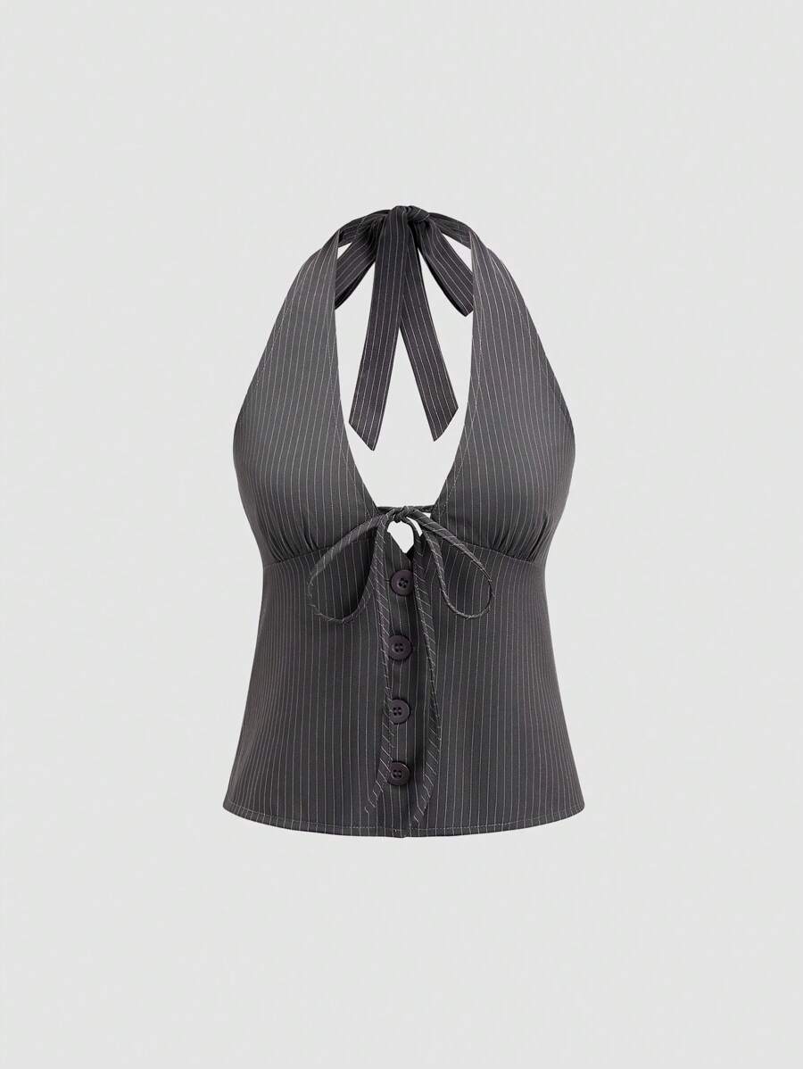 Sweetra 全新时尚吊带荷叶边系带单排扣露背 Y2K 性感条纹女式背心 - 灰色 - 查看 1