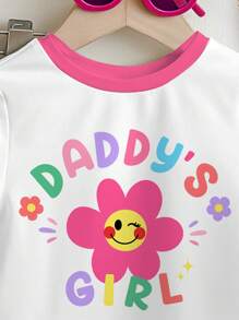 SHEIN Leap Crew Cute Floral Print, Pink Flowers, "Daddy's Girl" Graphic, Baby Girl Casual Minimalist Short Sleeve Round Neck & Pants 2 Pieces Set, Suitable For Spring/Summer - Multicolor - View 4