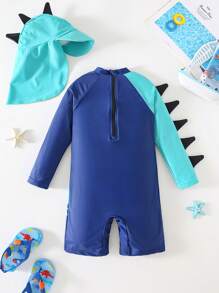 SHEIN Buy 1 Get 1 Free Swimwears, Young Boys Cute Cartoon Ocean Shark, Skateboard, Coconut Tree Design Swimwear & Matching Cap 2 Pieces Set, Suitable For Beach, Swimming, Surfing, Vacation, Spring & Summer - Multicolor - View 5