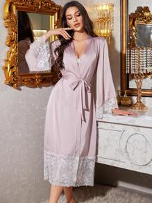 LuxeNights Women's Contrast Lace Pajama Set, Minimalist Fashion Loungewear For Daily Wear, Fall Winter Clothes - Baby Pink - View 3