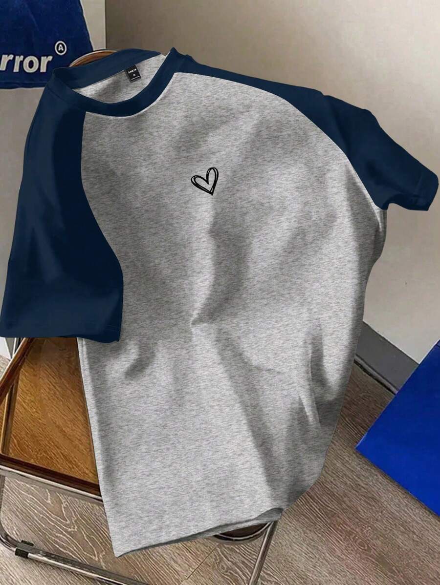 SHEIN Essnce Casual Minimalist Heart Pattern Round Neck Short Sleeve Loose T-Shirt For Women, Suitable For Summer Suitable For Going Out - Blue - View 1