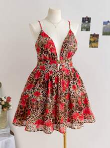 Soleia Plus Size Women Red Sequin,Summer,Girlism,Vacation,Holiday Leopard & Flower Print Waisted A-Line Backless Mini Dress,Music Festival Boho Style - Multicolor - View 3