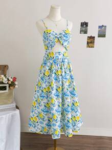 Soleia WYWH Women's Vacation V-Neck Tie Waist A-Line Spring/Summer Midi Dress, Tropical Print Spaghetti Strap Dress