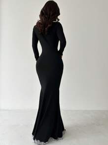 SHEIN Privé 女士黑色心形领长袖蕾丝拼接下摆修身连衣裙，适合情人节、音乐会、演出、约会、派对、舞会、婚礼等场合，性感、优雅，通勤、返校、度假、海滩、浪漫 - 黑色 - 查看 2