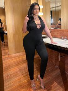 Flirla Plus Size Fashionable Sexy Backless Halter Jumpsuit - Black - View 4