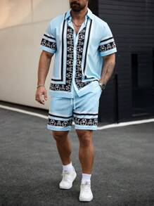 Manfinity Homme Plus Size Heren Korte Mouw Shirt En Shorts Set, Effen Kleur Met Knoopsluiting