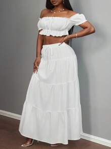 Veslaya Plus Size Summer Beach Vacation French Sweet Lovely Date Off-Shoulder Ruched Ruffle Blouse & Tie Waist Ruffle Hem Maxi Skirt 2 Pieces Resort Set - White Women Summer Clothing Woman S Summer Clothes Women Casual Dress Women Dresses Elegant Gown Women Dresses Birthday - White - View 9